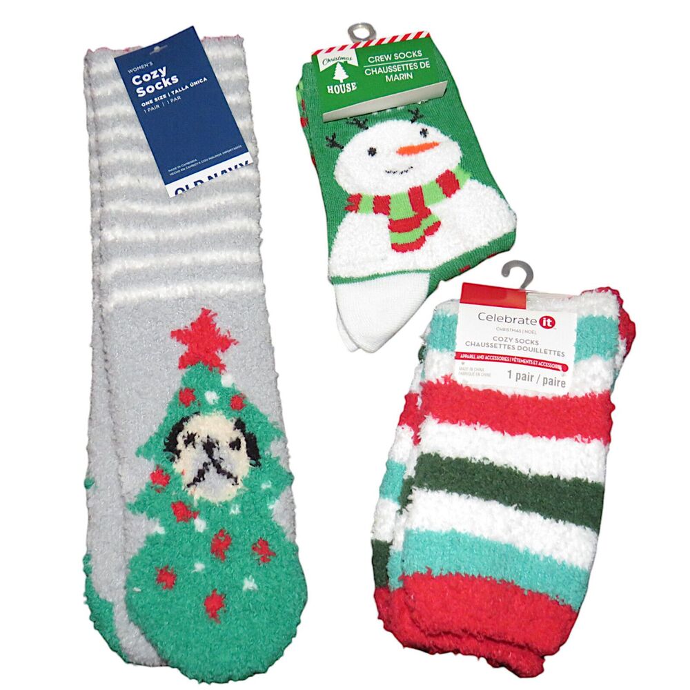 Women's 3 PAIR Festive Holiday Snowman Christmas Tree Dog Striped Socks
